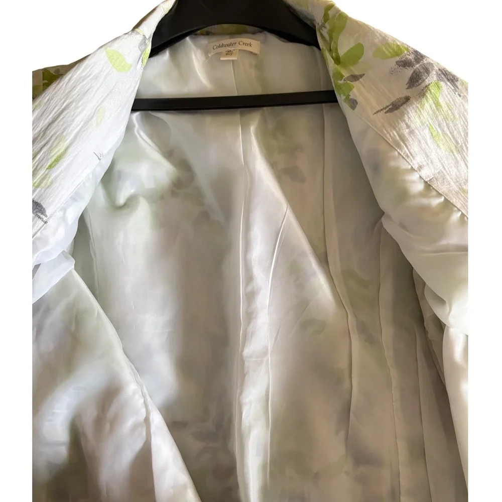 Coldwater Creek Womens P12 White Green Floral Crinkle 3/4 Sleeve‎ Blazer Jacket